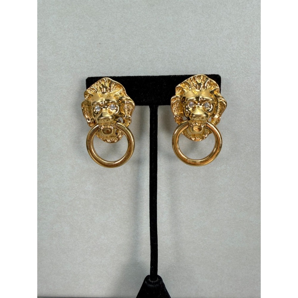 Vintage KJL for Avon Lion Head Door Knocker Gold Tone Clip On Earrings